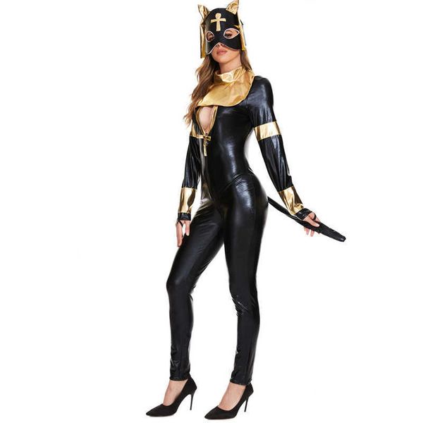 Conjunto sexy Catsuit de látex negro Gato de cuero de imitación Mono de mujer Traje de PVC elástico Disfraces de cosplay de HalloweenHKD230703
