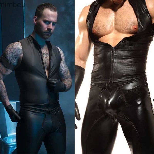 Conjunto sexy Trajes de cuero de PU para hombres sexys negros Camiseta sin mangas con apariencia mojada ajustada Chaleco elástico de cuero sintético para hombre Adulto Viene Fiesta ClubwearL240122