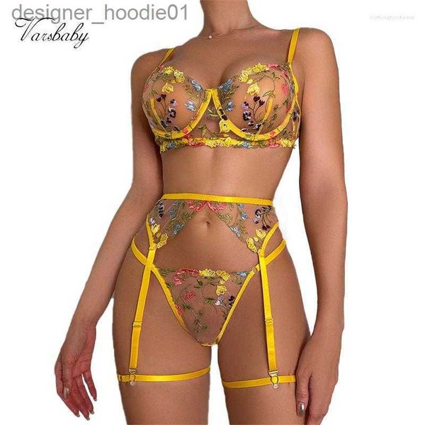 Conjunto sexy Conjuntos de sujetadores Varsbaby Mujeres Bordado transparente Bragas Ropa interior Conjunto de 3 piezas Ligas sexy Flores Hermosos kits de lencería corta L230918