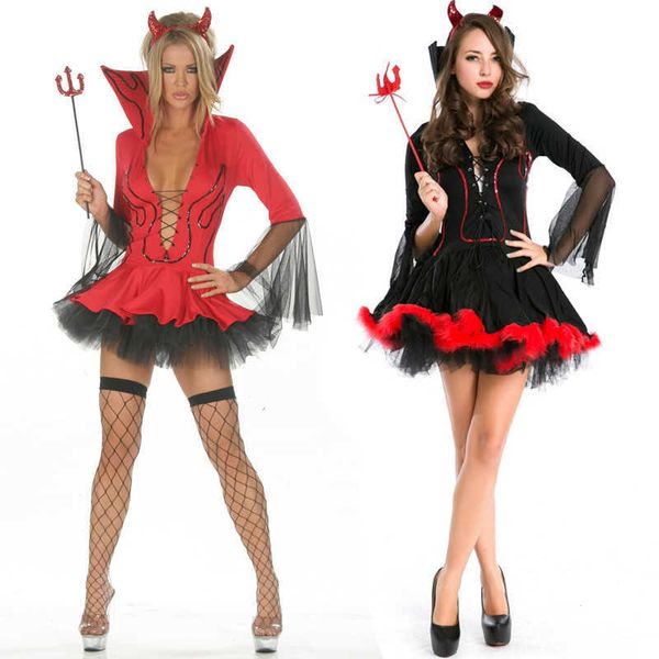 Sexy Set Carnaval Chaud Noir Diable Costume Femmes Vampire Costume Cosplay Sexy Adulte Halloween Costumes pour Femmes Rouge Fantaisie Robe De SoiréeHKD230703