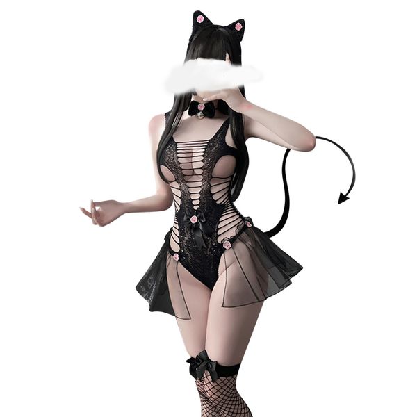 Ensemble Sexy chat uniforme tenue érotique pour femme enveloppé poitrine maille arc fille amour Cosplay Costumes à lacets vache discothèque # F 230411