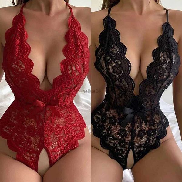 Ensemble sexy sans entrejambe rouge sous-vêtements sexy femmes dentelle ensemble de soutien-gorge creux Costume érotique Teddy bébé poupée robe profonde V soutien-gorge ouvert arc ensemble de lingerie