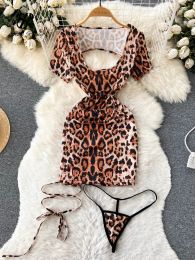 Sexy set jurk singreiny luipaard sensuele porno ondergoed dames kantup ontwerp backless nachtkleding korte mouw slanke sexy streetwear nig