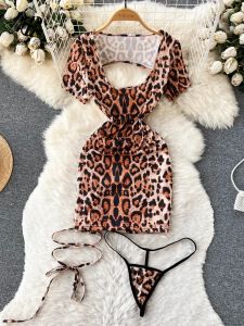 Sexy Set Dress Singreiny Leopard Sensual Porno ropa interior Mujeres Diseño Laceup Diseño Backwear Nightwear de manga corta Slim Sexy Streetwear