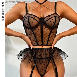 Conjunto sexy ECTOOKO 3 piezas Sujetador negro Ver a través de lencería de malla para mujeres con cadena decorada Conjunto erótico de hadas Conjunto de ropa interior sexy panty T231027