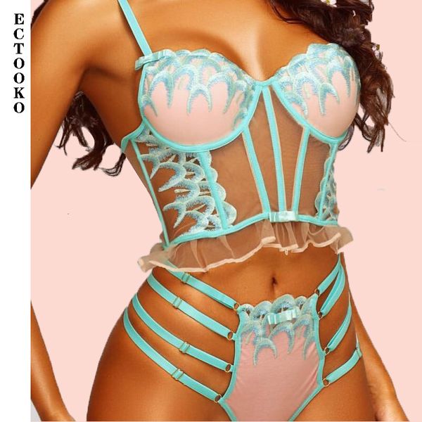 Ensemble sexy ECTOKO Lingerie de luxe broderie florale femme 2 pièces soutien-gorge à armatures tongs exotiques intimes sous-vêtements vert fluo 230419