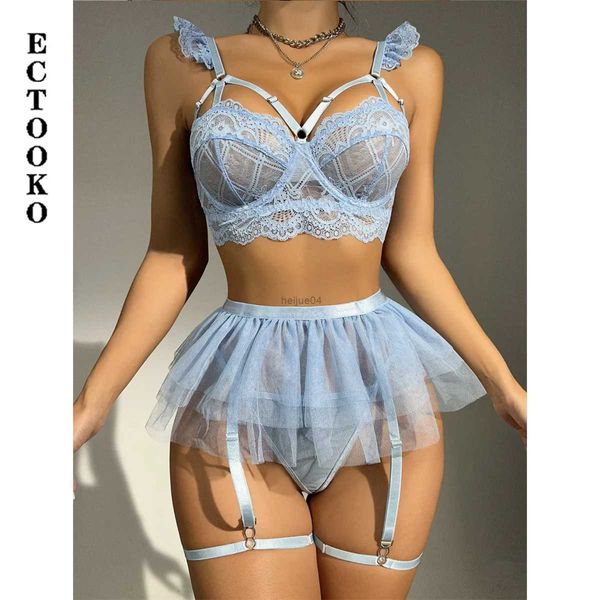 Ensemble Sexy ECTOKO Sexy érotique trois points jarretière brodé Kit de Lingerie Push Up sous-vêtements sans couture Sissy Tulle ensembles exotiques