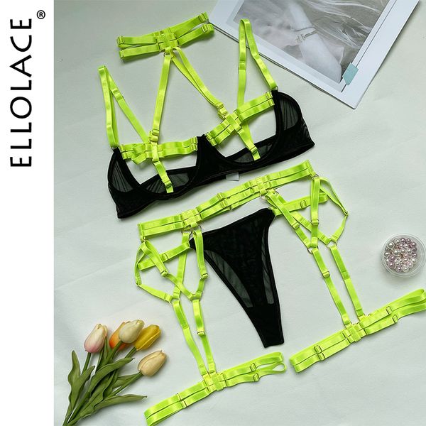 Ensemble sexy Ellilace Sous-vêtements pour femmes Vêtements sexy pornographiques Bandage extérieur creux Soutien-gorge en forme de T Sangle de pantalon Chaussettes longues Neon Light You Can See Underwear 230520