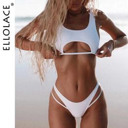 Sexy set Ellolace Bikini Hollow Out Dames Swimsuit High Cut Micro Swimwear 2022 Stijlvol badpak Beach Outfits 2 stuks Q240511