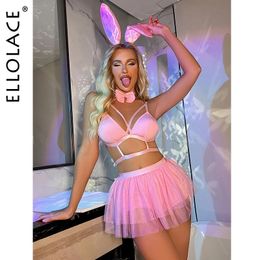 Conjunto sexy Ellolace Bunny Lencería rosa Falda de burbuja sexy Conjuntos exóticos brillantes de 5 piezas Ropa interior de club nocturno de encaje Traje de volantes de baile en barra 23115