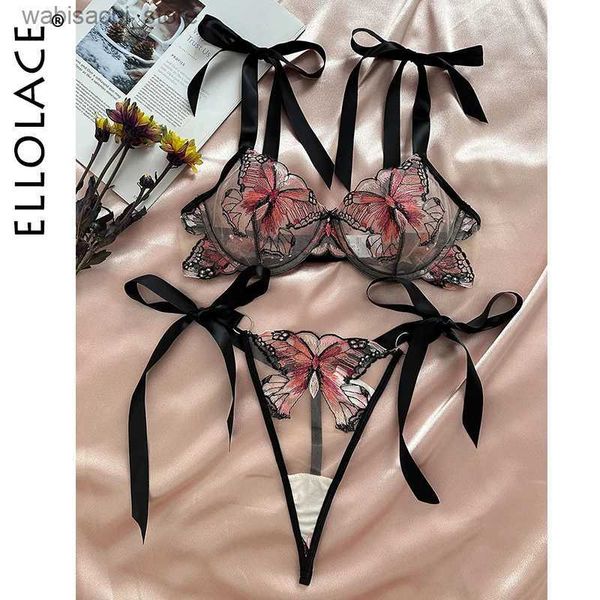 Set sexy ellolace mariposa lencería encaje fantasía delicada ropa interior hada bordado puro juegos exóticos bowknot bilizna calot niña calibre l2447