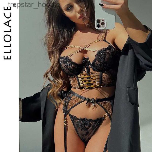 Conjunto sexy Ellolace Delicado Leopardo Lencería Cross Bra Kit Push Up Ver a través de la ropa interior 4 piezas Fetish Fancy Luxury Lace Conjuntos exóticos L230920