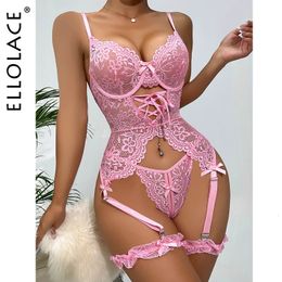 Sexy set Ellolace delicate lingerie Naadloos kanten ondergoed Fancy erotisch 3-delig seksoutfit Open kruisloze strings Doorzichtig intiem 231027
