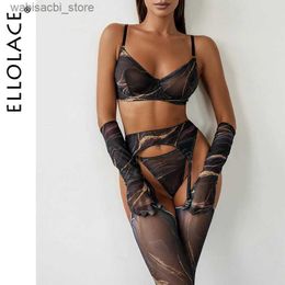 Set Sexy Ellolace Erotic Senual Lingerie Tie Dye Lace ropa interior con calcetines de guantes largos Via a través de trajes de bilizna Fancy Sensual Set L2447