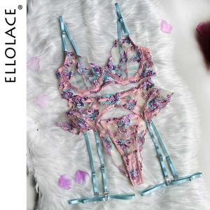 Ensemble sexy ellolace fée lingerie florale sous-vêtements transparent volant jarreter intime délicat beau voir à travers les tenues Q240511