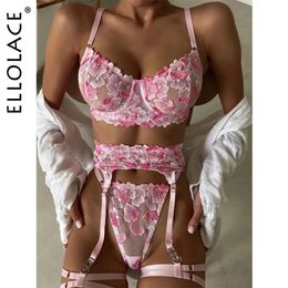 Conjunto sexy Ellolace Lencería floral Ropa interior delicada Encaje de lujo Kits íntimos finos Conjunto de sujetador y bragas sexy Sissy Sheer Outfit 231027