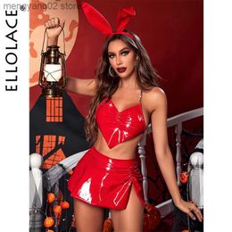 Sexy Set Ellolace Halloween Lingerie Lapin Latex Cosplay Sexy Vient 4 Pièces Strings Halter Cuir Sissy Sous-Vêtements Discothèque Outfit T230530
