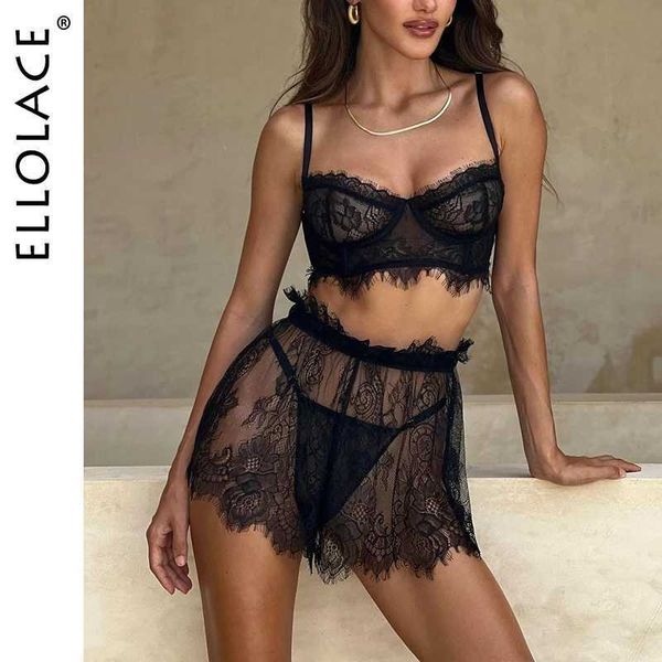 Ensemble sexy ellolace en dentelle lingerie voir à travers des ensembles exotiques jupe transparente sissy tenues de fantasme français sous-vêtements noirs costume de sexe Q240511