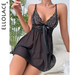 Ensemble sexy Ellolace Lace Night Robe Bowknot Epoxy Hot Fix Nightie Floral Sleepwear See Through Refort Mini Nightwear Q240511