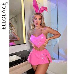 Sexy set ellolace latex lingerie neon roze ondergoed vrouwen 3-delige bunny pvc outfit nachtclub lederen erotische kostuums Q240511