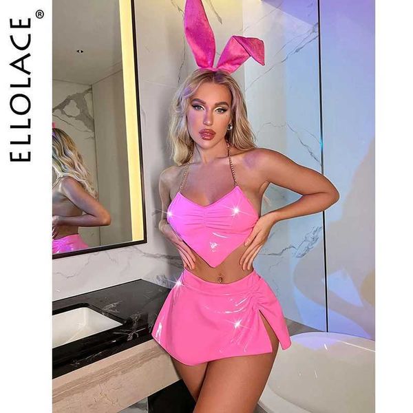 Set Sexy Ellolace lidera lencería neón ropa interior rosa mujeres de 3 piezas de conejito pvc club nocturno traficos eróticos Q240511
