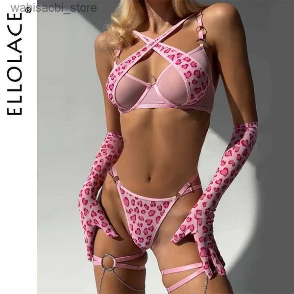 Set Sexy Ellolace Leopard Lingerie Cross Bra Push Up Inimate See a través de Lace Hot Girl Alderwear Romantic Loving Heart Gloves Stocking L2447