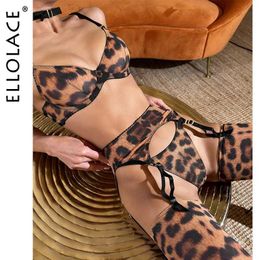 Set Sexy Ellolace Leopard Lingerie Support Cossless Hot Girl Underwear Sissy Garter Sets Exotic Sets Fancy Push Up Bra Matching Q240511