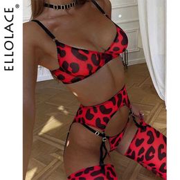 Ensemble sexy ellolace lingerie léopard avec gants de bas de gants fantaisie sous-vêtements transparents 6 pièces ceinture intim marchandises en dentelle