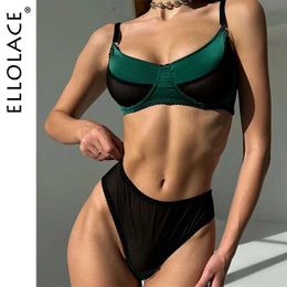 Ensemble sexy Ellolace Lingerie Silk avec sous-vêtements lustres en dentelle quotidienne voir à travers les tenues femmes 2 pièces épissées sans couture intimes Q240511