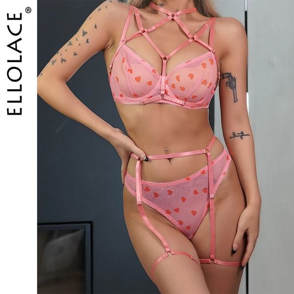 Conjunto sexy Ellolace Love Print Lencería Kit de sujetador sin costuras Push Up Light Pink Día de San Valentín Traje sexual Halter Bra Traje romántico de lujo 231214