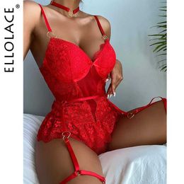 Set Sexy Ellolace Red Sensual Lingerie Bodysuit Lace Ruffle Christmas Erotic Body Venaje Sissy Teddies Bodysuits Tempt Q240511