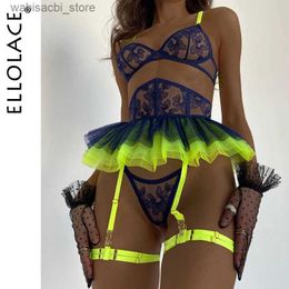 Ensemble sexy ellolace volant néon lingerie en denterie super fine sous-vêtements non censuré de fantaisie délicate intime jarretière de luxe 5 pièces L2447