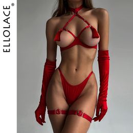Sexy Set Ellolace Sensual Tassel Fetish Lingerie Voir à travers le soutien-gorge ouvert Bilizna Intimate Naked Crotchless Culotte Exotic s 230419