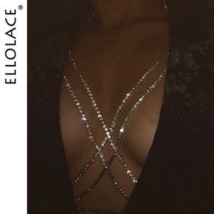 Sexy set Ellolace Shining Rhinestones Chest Cross Body Chain Boho Multi Layers Harness Jewellery sieraden Crystal Q240511