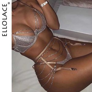 Ensemble sexy Ellolace Sparkle Chain Push Up Bra and Panty Women Rhinestone Intime Lingerie Underwear Bralette Brief Q240511