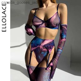 Ensemble sexy Ellolace Tie Dye Lingerie avec bas Sle Sexy sous-vêtements fantaisie 5 pièces non censuré intime voir à travers maille tenues sensuelles L231129