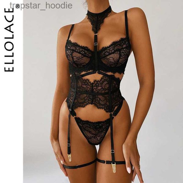 Ensemble sexy Ellolace Sous-vêtements Lingerie sexy 3 pièces Soutien-gorge transparent Costume en dentelle Porte-jarretelles sexy avec bas Femme Érotique Intime L230920