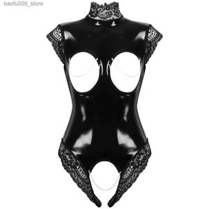 Sexy set erotische open beker bodysuit cupless kruisloze teddy femme black wetlook pvc latex catsuit gothic dames porno kostuum y lingerie q230921