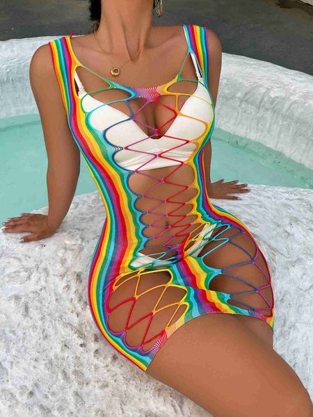 Conjunto sexy Chica de moda Vestidos de arcoíris de nailon Bodystocking Patrón colorido Ropa de playa Lencería sexy 230808