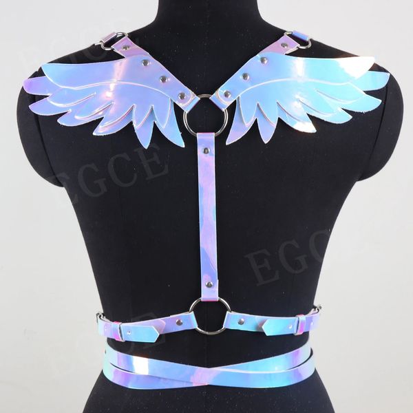 Sexy ensemble mode Laser ailes d'ange corps Double bandoulière en cuir Colthing accessoires ceinture fétiche Punk Rave jarretière 231216