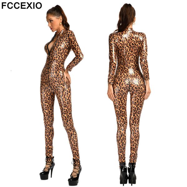 Sexy Set FCCEXIO Sexy Léopard Body Wet Look Faux Cuir Catsuit Érotique Femmes Fermeture Éclair Ouvert Entrejambe Combinaison Maîtresse Costumes de Sexe 230825