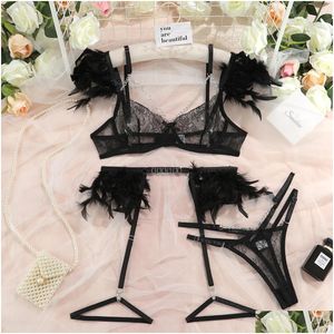 Sexy Set Plume Lingerie Y Porn Sous-vêtements Femmes Corps Transparent Soutien-gorge Chaîne En Métal Dentelle Exotique 3Pièce De Luxe Intimate7634828 Drop Deliv Otrqp