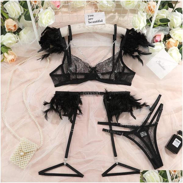 Ensemble sexy plume lingerie y porno sous-vêtements femmes corps soutien-gorge transparent chaîne en métal dentelle exotique 3 pièces luxe intime7634828 Drop Deliv Dhyne