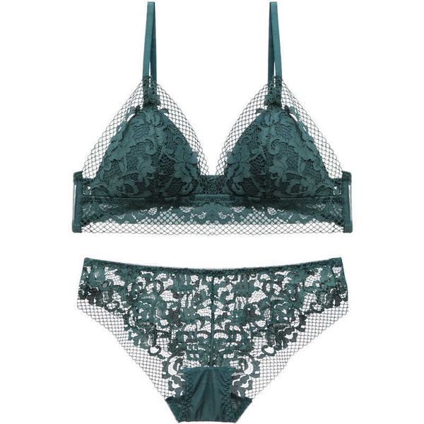 Ensemble Sexy de soutien-gorge français, Bralette verte, maille ajourée, garniture en dentelle, motif fil vert, culotte transparente gratuite, été fille L2304