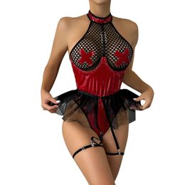 Sexy Set Hot Erotic Lingerie Pour Femmes Sexy Body Teddy En Cuir Mesh Patchwork Sous-Vêtements Pour Sex Costumes Porno Lenceria Para Damas x0818