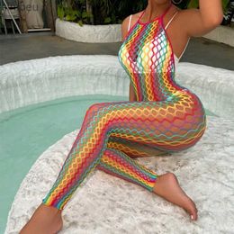 Conjunto sexy Hot Sexy Colorful Fishnet Bodystockings para mujeres Erótico Rainbow Lencería de malla transparente Body Teddy Porno Ropa interior L240122