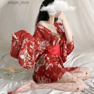 Ensemble sexy japonais kimono uniforme cosplay lingerie sexy tenue satin ceinture de taille avec robe tentation costumes pyjamas ensemble pour femmes Y240329