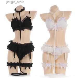 Sexy Set Japanse Vrouwen Sex Lingerie Set Bdsm Kleding Kant Ruche Sex Ondergoed Kawaii Kostuum Kousenband Meid Transparant Exotische Nachtkleding Y240329