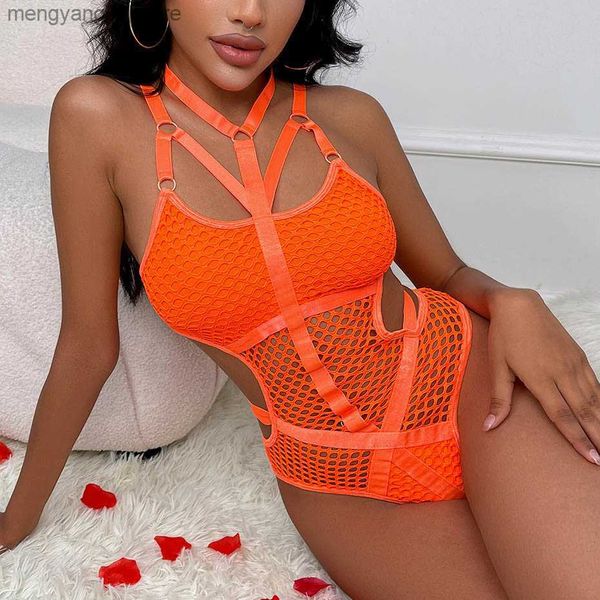 Sexy Set JSY Sexy Body Lingerie Ensemble Évider Orange Transparent Femmes Sous-Vêtements Halter Teddies Érotique Catsuit Lingerie Comes T230531