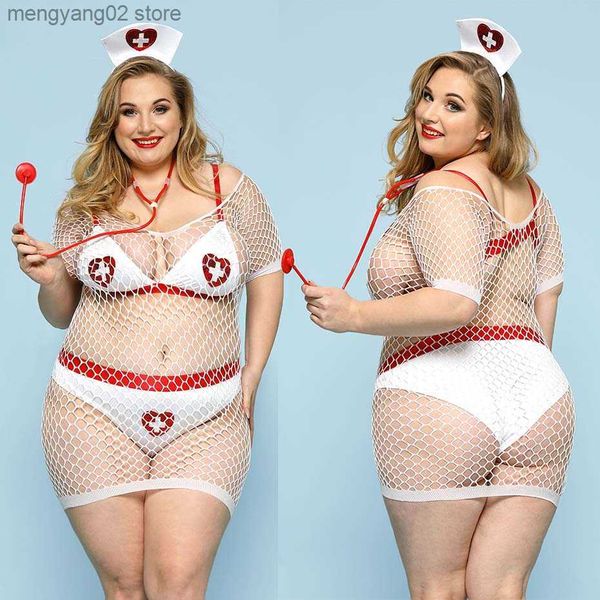 Sexy Set JSY Sexy Infirmière Cosplay Lingerie Ensemble Plus La Taille Femmes Robe En Résille Sous-Vêtements Lingerie Érotique Porno Comes Sex Role Play Outfits T230531